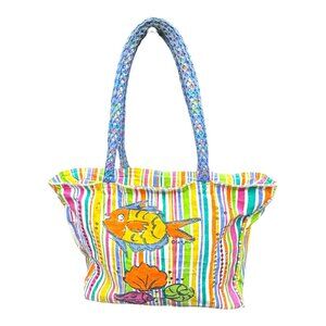 Colorful Whimsical Tropical Fish Beach Large Tote Sally Huss Y2K Striped READ